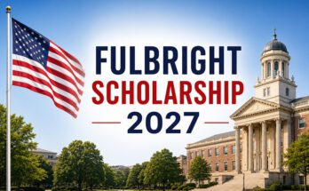 Fulbright Scholarship 2027 banner featuring the United States flag and a government-style university building