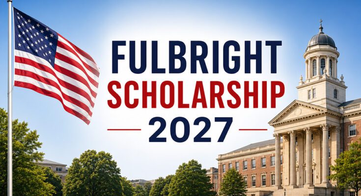 Fulbright Scholarship 2027 banner featuring the United States flag and a government-style university building