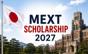 MEXT Scholarship 2027 banner with the Japanese flag and a Japanese university campus