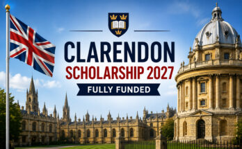 Clarendon Scholarship 2027 banner featuring Oxford University and the UK flag