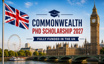 Commonwealth PhD Scholarship 2027 banner featuring the UK flag and a British university