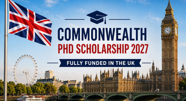 Commonwealth PhD Scholarship 2027 banner featuring the UK flag and a British university
