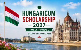 Hungaricum Scholarship 2027 banner featuring the Hungarian flag and a Hungarian university building