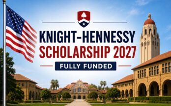 Knight-Hennessy Scholarship 2027 banner featuring the United States flag and Stanford University campus