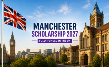 Manchester Scholarship 2027 banner featuring the UK flag and University of Manchester