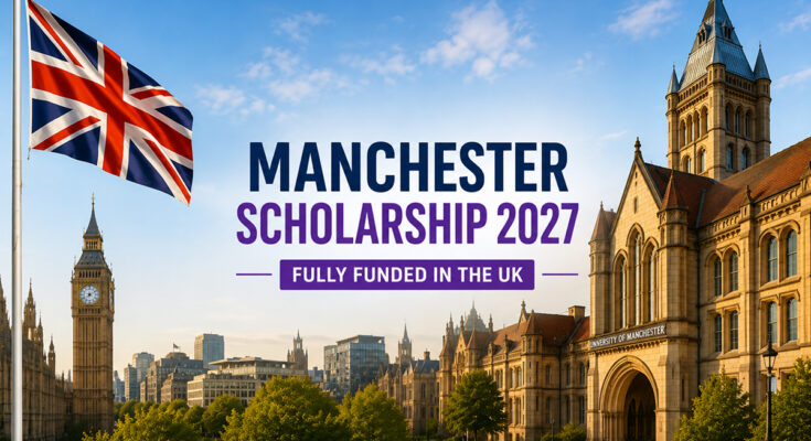 Manchester Scholarship 2027 banner featuring the UK flag and University of Manchester