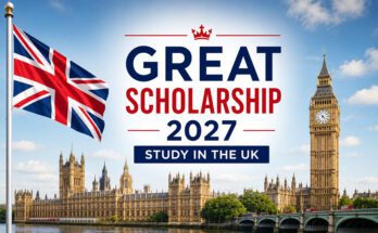 GREAT Scholarship 2027 banner featuring the UK flag and a British university building
