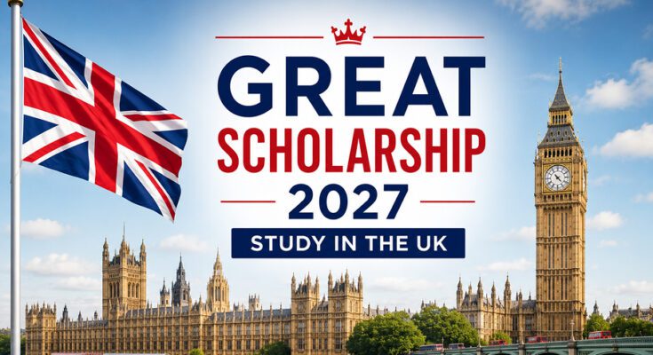 GREAT Scholarship 2027 banner featuring the UK flag and a British university building