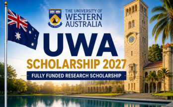 UWA Scholarship 2027 banner featuring the Australian flag and University of Western Australia campus