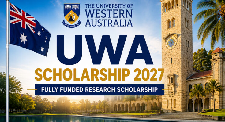 UWA Scholarship 2027 banner featuring the Australian flag and University of Western Australia campus