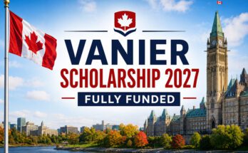 Vanier Scholarship 2027 banner featuring the Canadian flag and a Canadian university campus