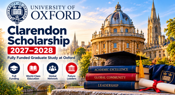 Oxford Clarendon Scholarship 2027–2028 banner featuring Oxford architecture and graduate study