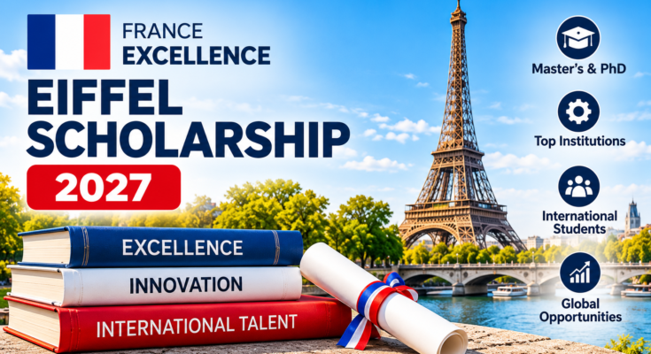 France Excellence Eiffel Scholarship 2027 banner featuring the Eiffel Tower and French academic theme
