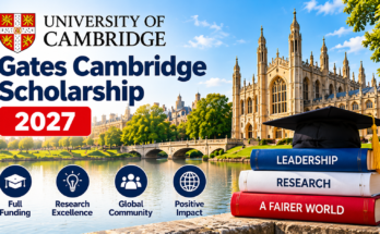 Gates Cambridge Scholarship 2027 banner featuring Cambridge college architecture and academic books