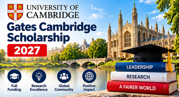 Gates Cambridge Scholarship 2027 banner featuring Cambridge college architecture and academic books