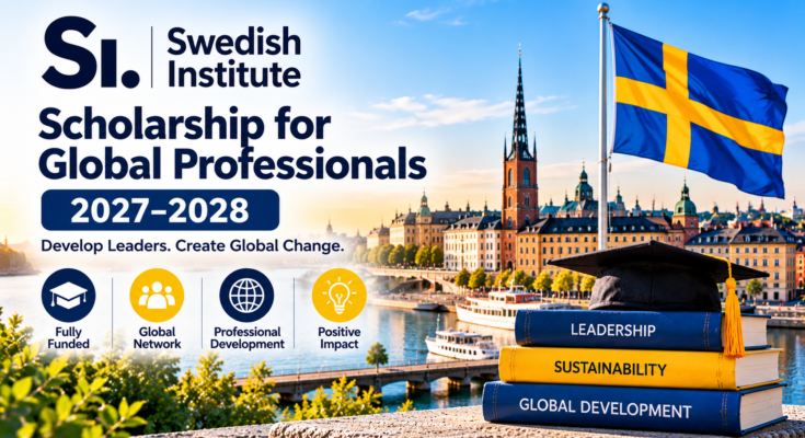 Swedish Institute Scholarship for Global Professionals 2027–2028 banner with Stockholm waterfront and Swedish flag