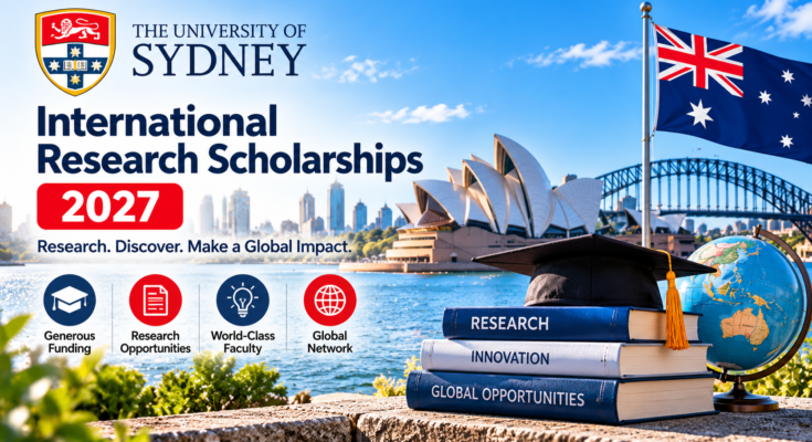 University of Sydney International Research Scholarship 2027 banner with Sydney Harbour and university research theme