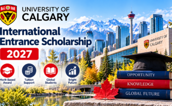 University of Calgary International Entrance Scholarship 2027 banner with Calgary campus and Rocky Mountains